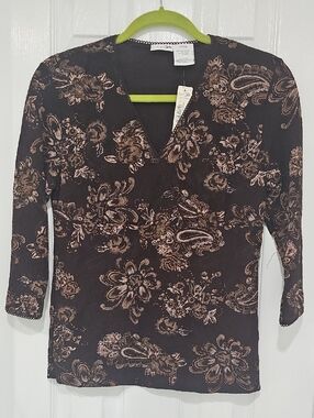 East 5th Black Floral Print V-Neck 3/4 Sleeve Top